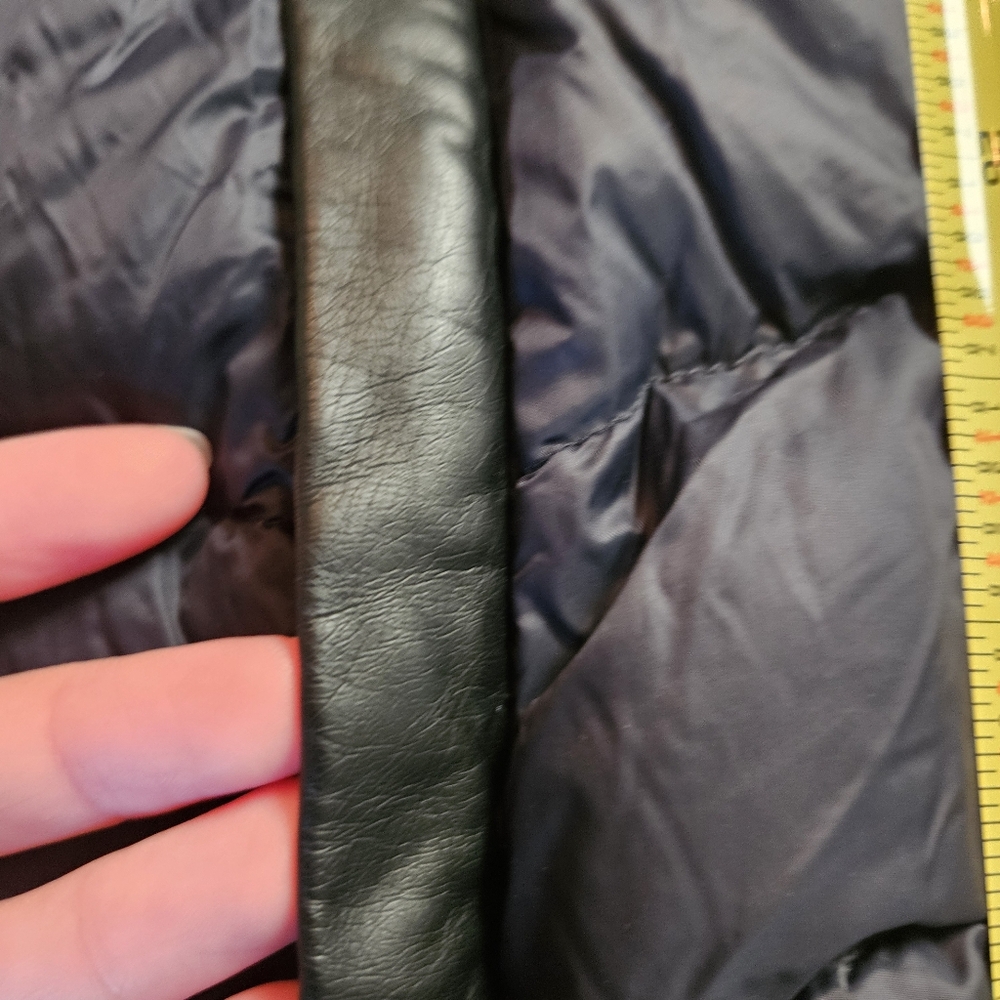 Sam Edleman Asymmetrical Chevron Quilted Down Coat Women's L Navy & Faux Leather - Picture 8 of 15